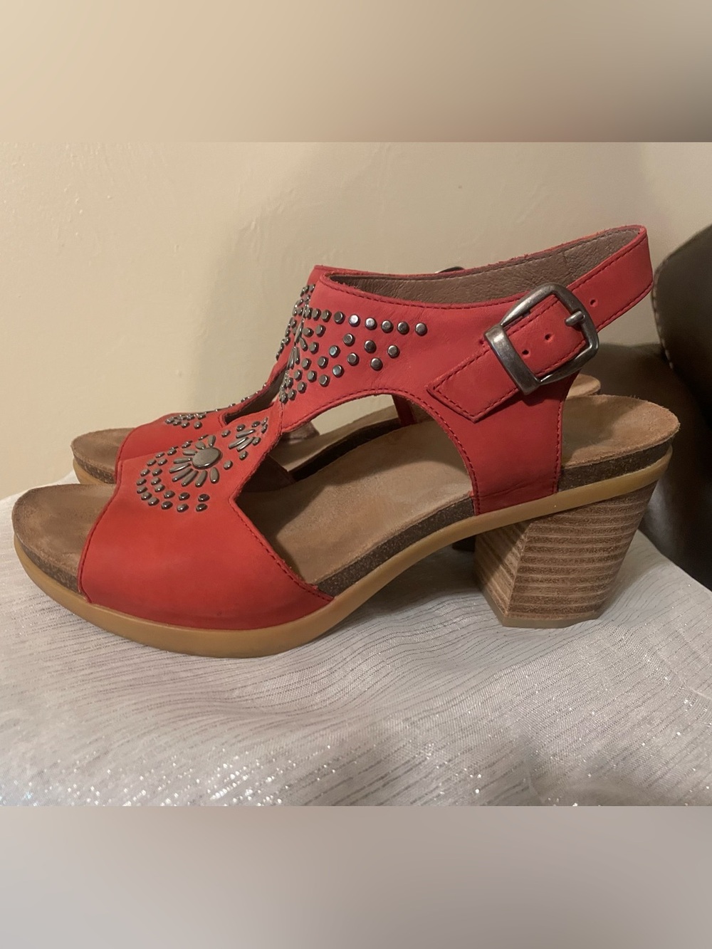 Dansko Red Studded Leather Block Heel Sandals